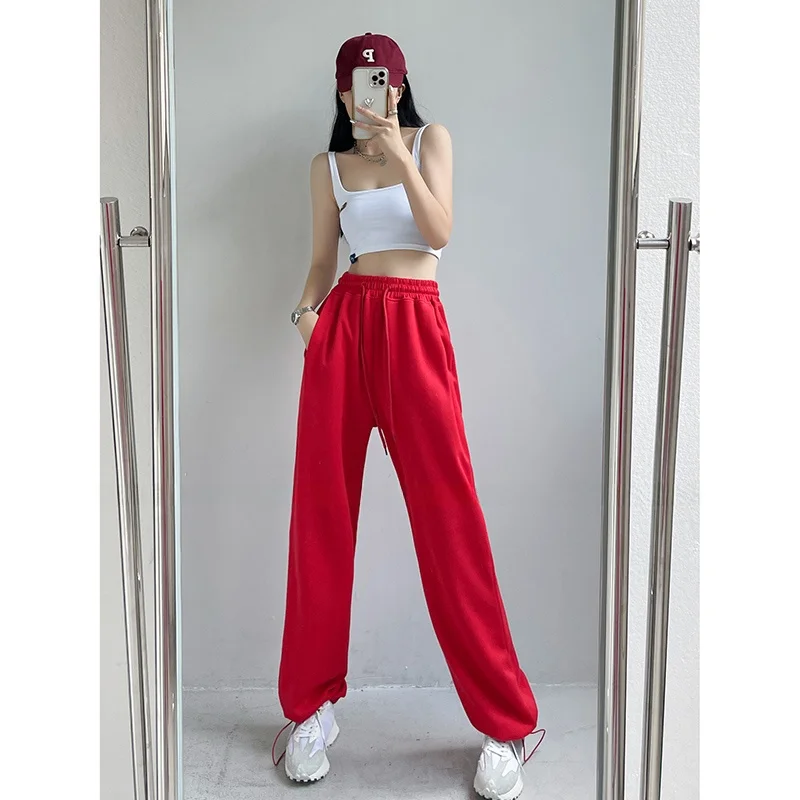 

Street Style Loose Fit Red Casual Sports Pants Women's Autumn Winter Dance Hiphop Jazz Sweatpants Trendy High Waist Long Pants