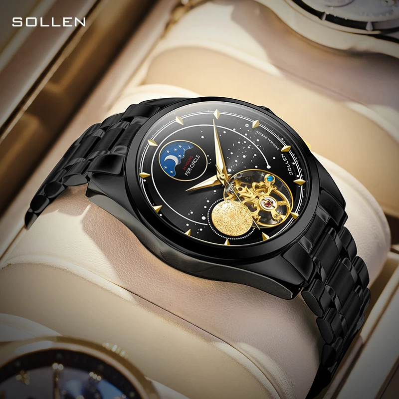 Luxury Brand SOLLEN Automatic Mechanical Sapphire Men's Watches Luminous Waterproof Moon Phase Dual Skeleton Steel Clock SL329-1