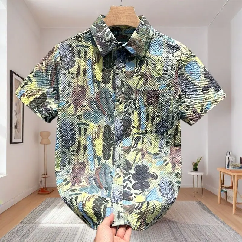 

Cool Bubble Gauze High-end Printed Shirt Men's New Trendy Casual Loose Top Shirt Men Men Dress Shirt