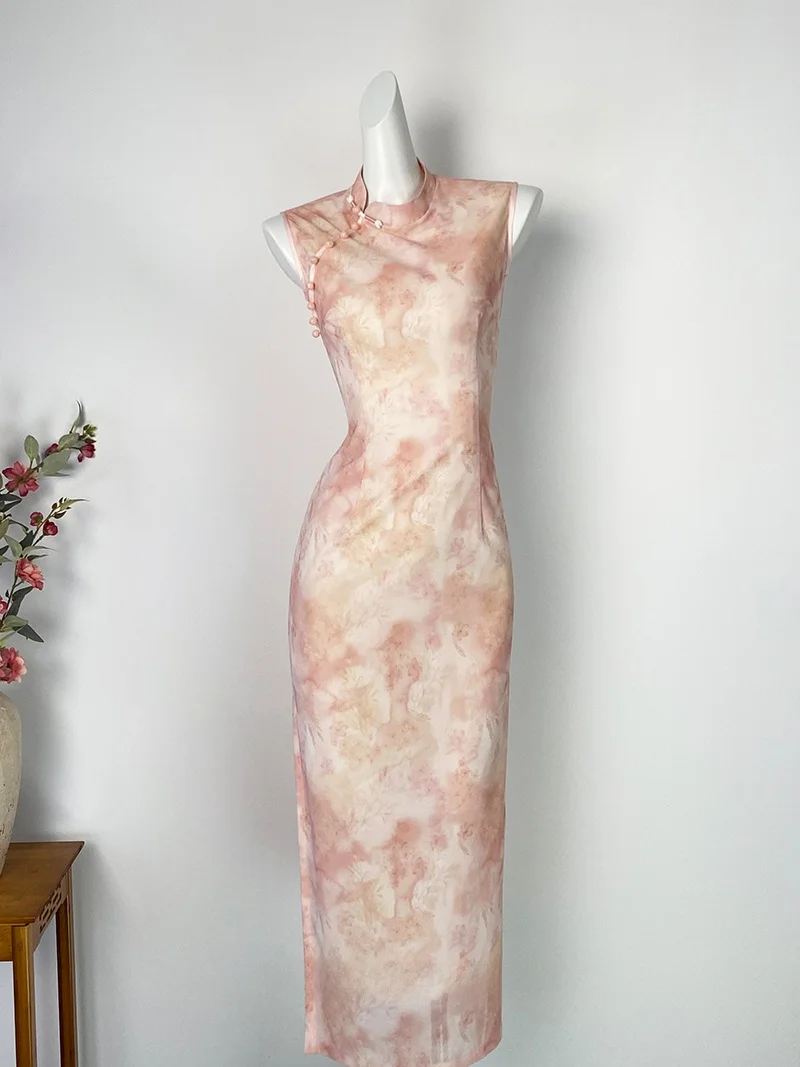 

Новое китайское розовое ципао DanYuChun: эластичное, дышащее, облегающее, для молодых женщин, длинное платье-ципао