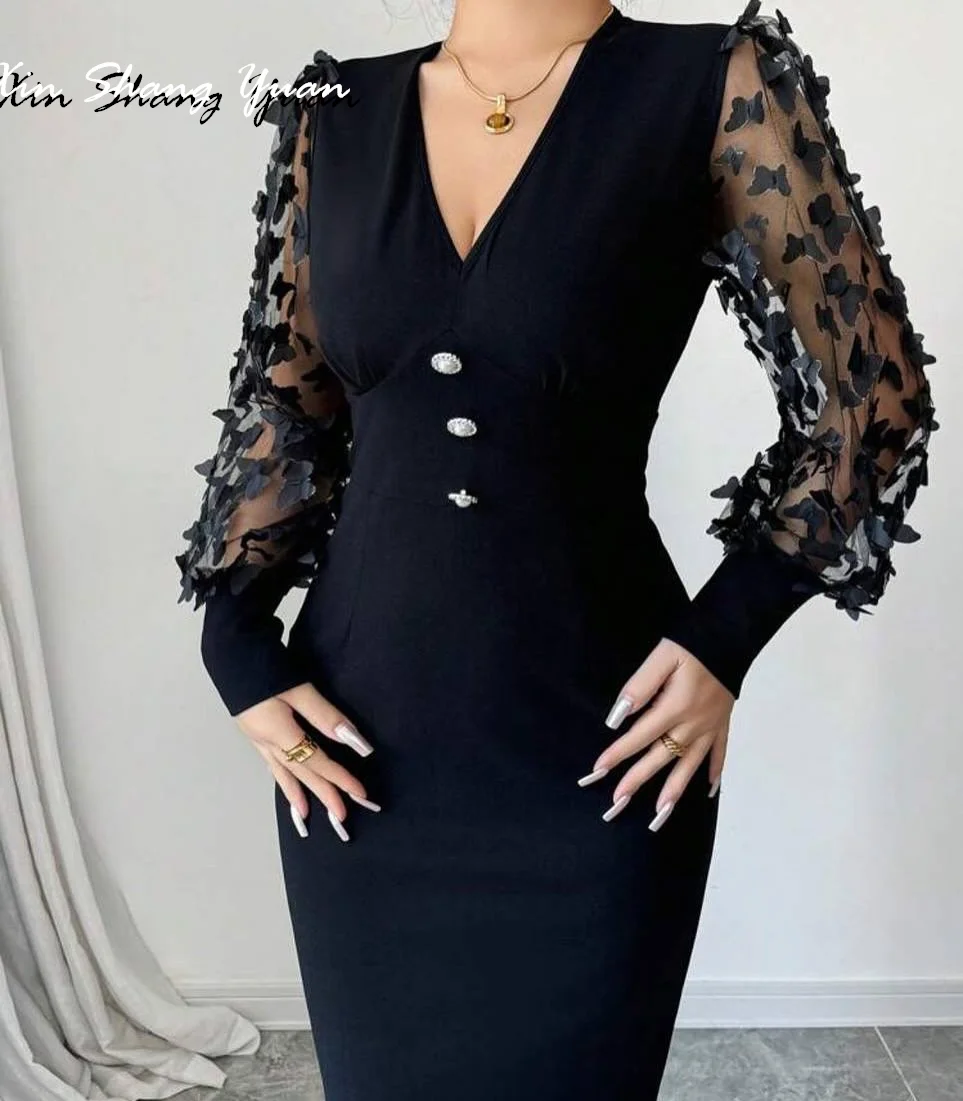 Customized Evening Dress Exquisite Jersey V-Neck Long Sleeves Celebrity Gowns Simple Straight Buttons Lace Party Dresses