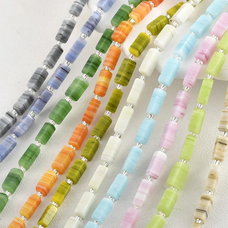 Nowy 4x11mm prostokąt styl Nepal koraliki Lampwork przeszklony nadruk w paski szkło luzem koraliki dystansowe materiał do tworzenia biżuterii DIY