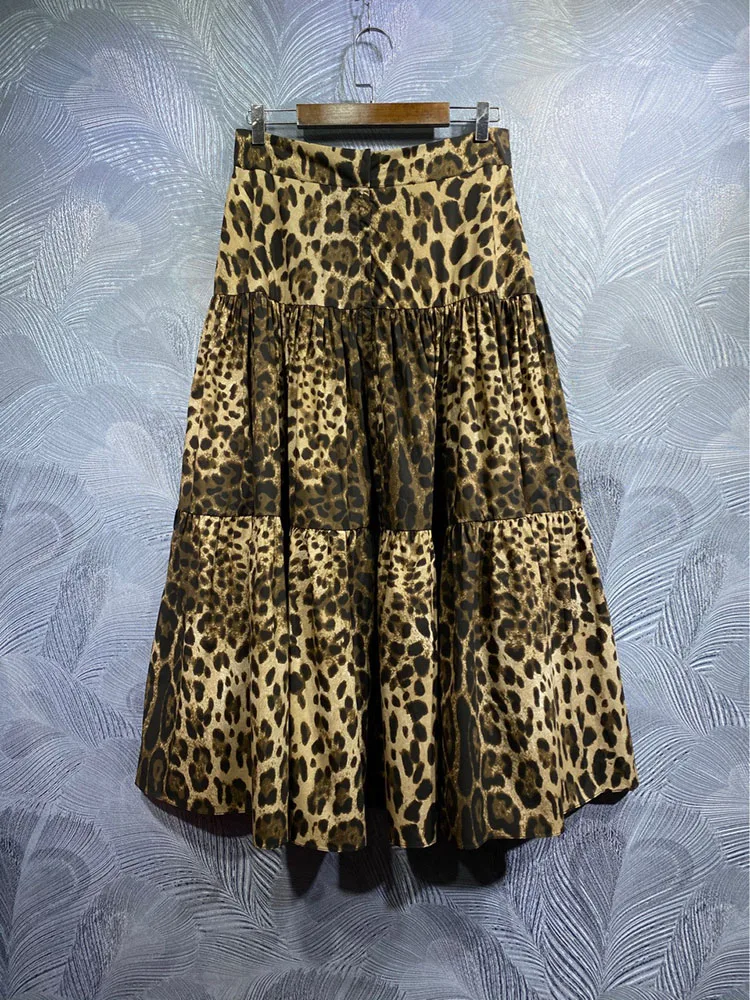 Fashion Leopard Printing Skirt Women 100% Cotton Party Holiday Half Dress Elegant Lady Empire Expansion