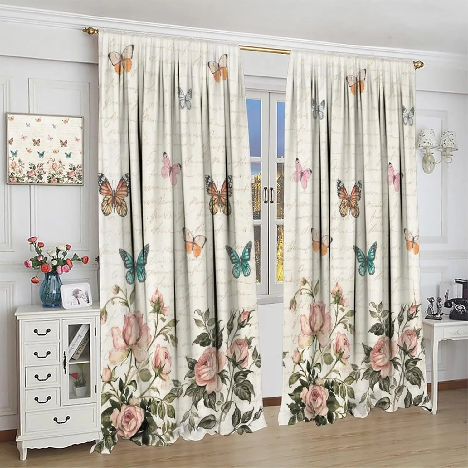 Retro Butterfly Blackout Curtains, Kids Girls Watercolor Vintage Pink Rose Floral Handwriting Window Treatments for Bedroom