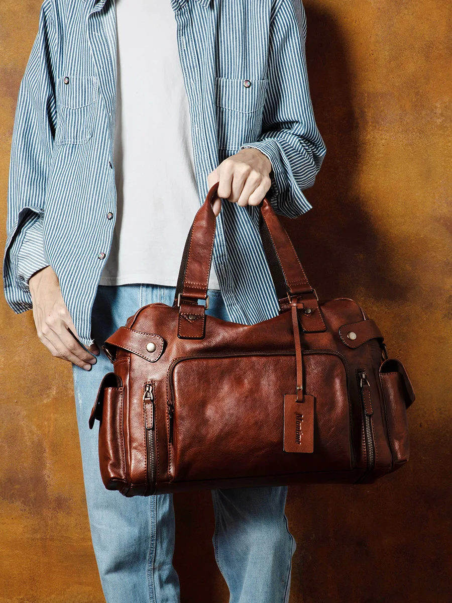 High Quality Vintage Vegetable Tanned Leather Brushed Men's Bag Casual Shoulder Handbag Travel Luggage Soft Fitness