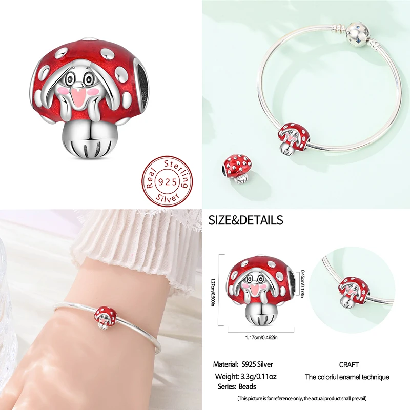 New 925 Sterling Silver Red Mushroom Rabbit Pendant Beads, Suitable as Original Women's Bracelet, Gift, DIY Exquisite Accessorie