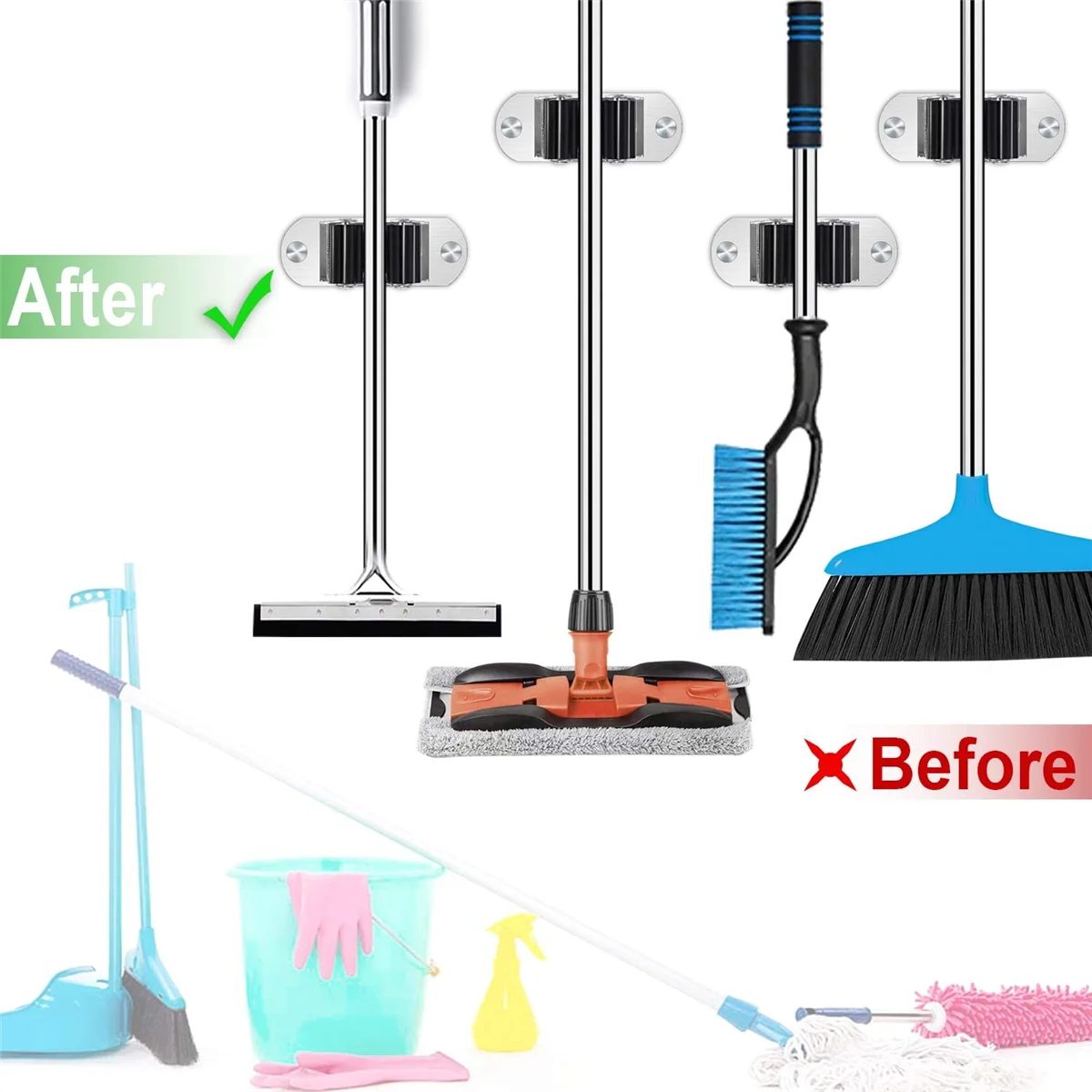 Mop and Broom Holder 4Pcs Mop and Broom Holder Wall Mount Heavy Duty Stainless Steel Broom Holder Broom Organizer Garden Garage - view 3