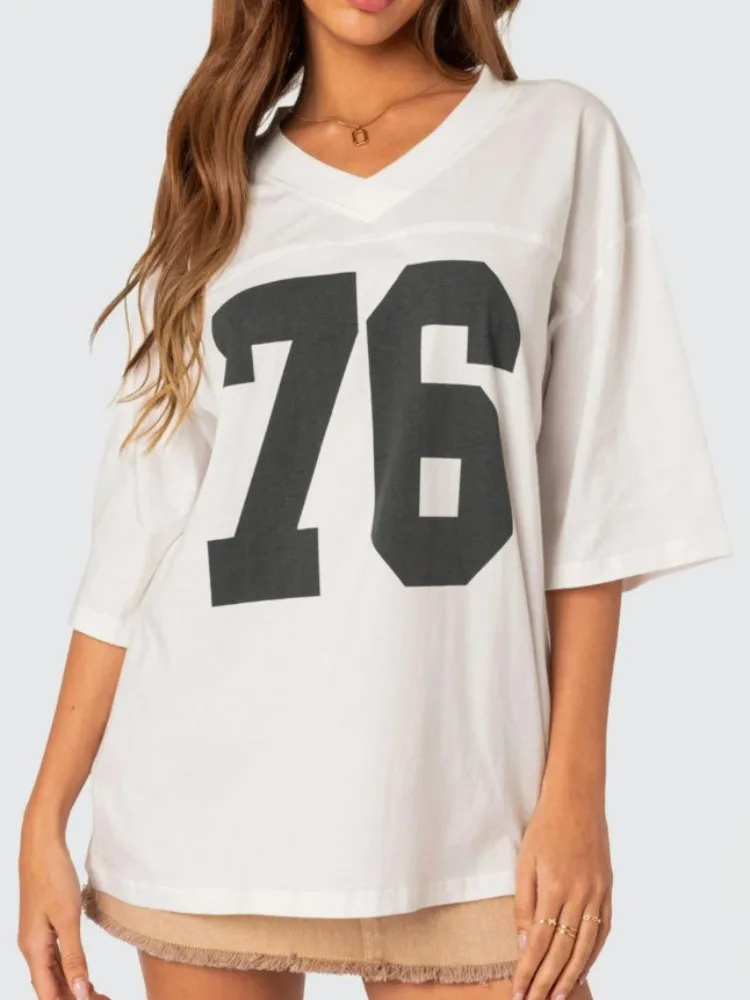 

2025 Summer Sportswear Digital Printed T-shirt Casual Loose V-neck Short Women's Fashion Street Wear Women's T-shirt