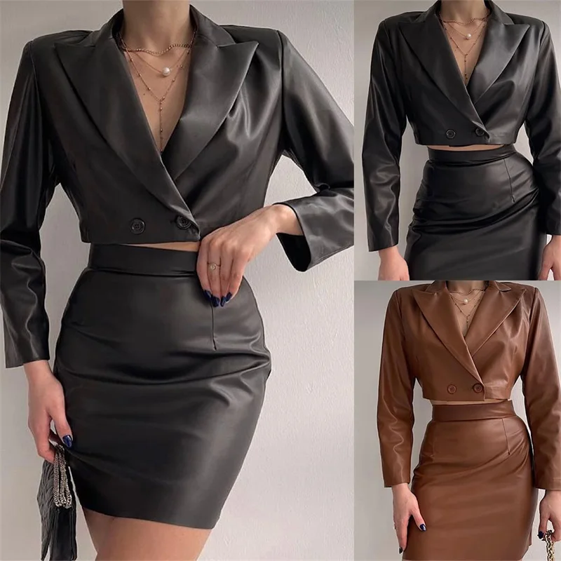 Leder Frauen Rock Anzüge Set 2 Stück sexy verkürzte Blazer Mini Ballkleid Nacht Abend Club Mantel maßge schneiderte Jacke