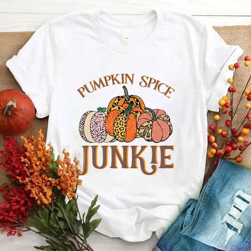 Fall Pumpkin Spice Junkie Printed T-Shirts For Women Summer Tee Shirt Femme Casual Short Sleeve Round Neck Tops T-Shirts