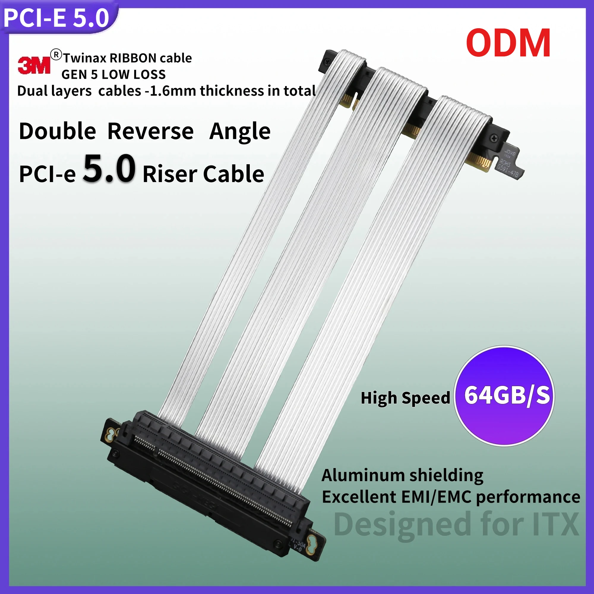64GB/s PCIe 5.0 X16 Riser Cable Silver-Plated [RTX 5090 4090] GPU Double Reverse Gaming PCI Express Gen5 Lossless for ITX Server