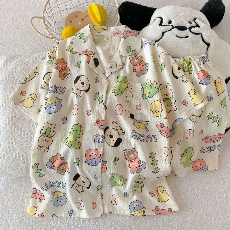 موضة الكرتون طباعة الحلو المرأة منامة الفرنسية عادية لطيف Y2K منامة للنساء التلبيب الرقبة زر تصميم 2 قطعة مجموعة ملابس منزلية #2