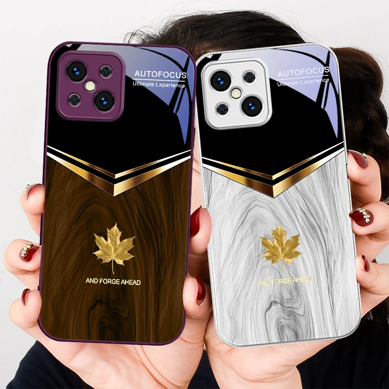 V-shaped maple leaf For Find X5 X3 Lite Reno 6 4Z 5G OPPO A72 79 73 58 A54S OnePlus Nord N200 Tempered glass phone case