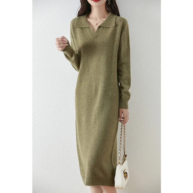 

Autumn Winter Female Polo V-neck Dresses 100% Merino Wool Knitted Pullover Dress Women's New Fashion Long Style Sweater Skirt