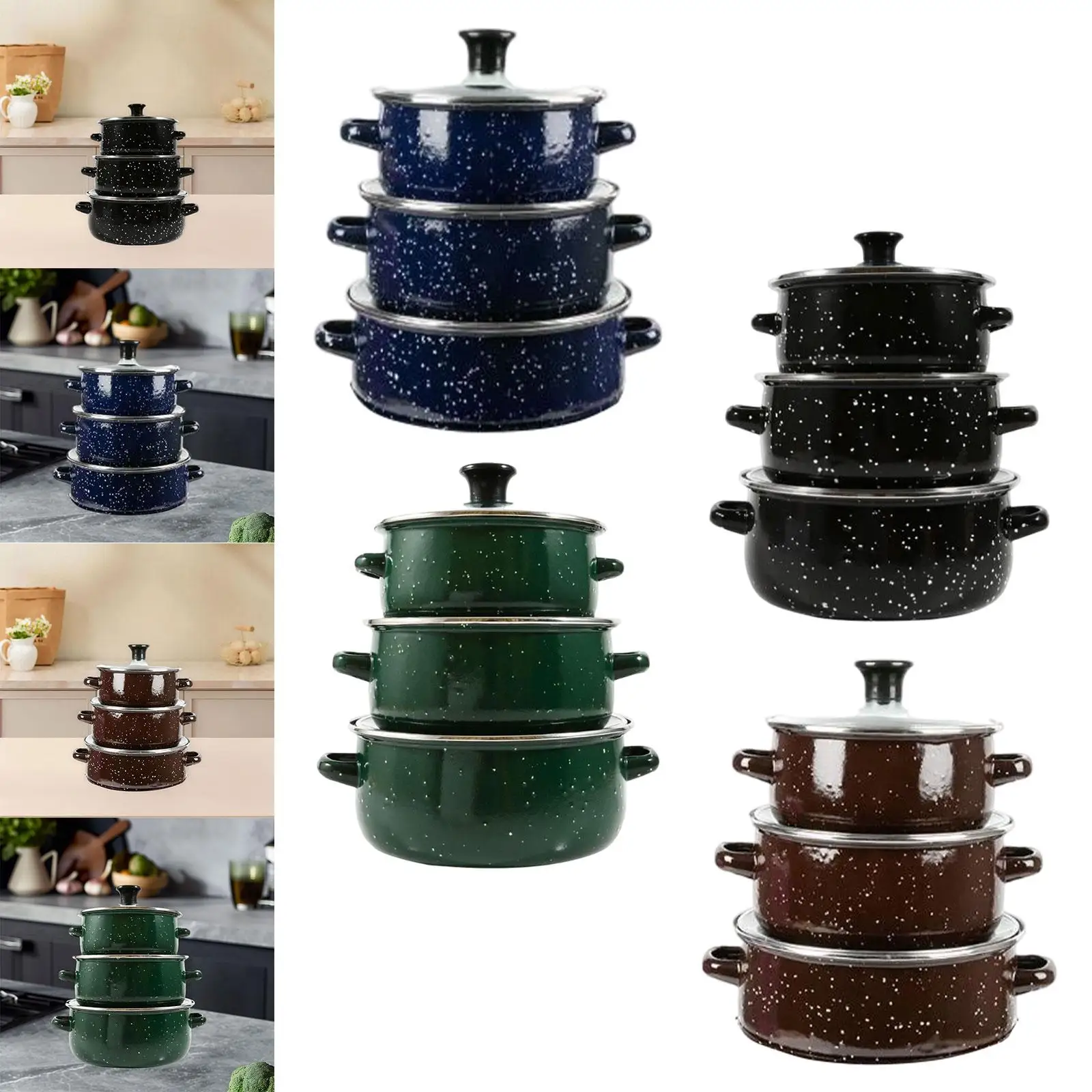 

3x Enamel Stockpot with Lid Simmer Pot Heat Resistant Portable Saucepan for