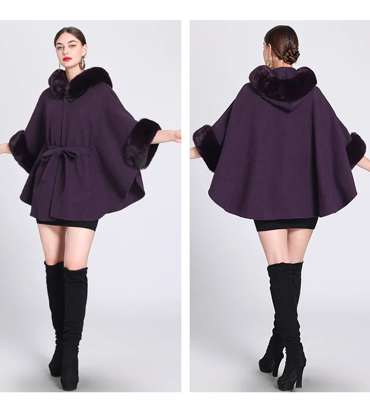 3 Colors Winter Warm Faux Woolen Poncho Belt Cape Women Rabbit Fur Big Batwing Sleeves Loose Long Cloak Coat With Hat