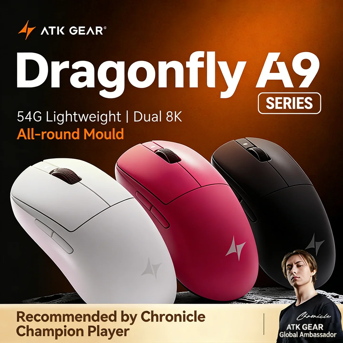 ATK Dragonfly A9 Pro Max Lightweight Wireless Mouse Tri-Model PAW3950Ultra 42000DPI 750IPS 8KHz RGB Ergonomic Gaming Mice for PC