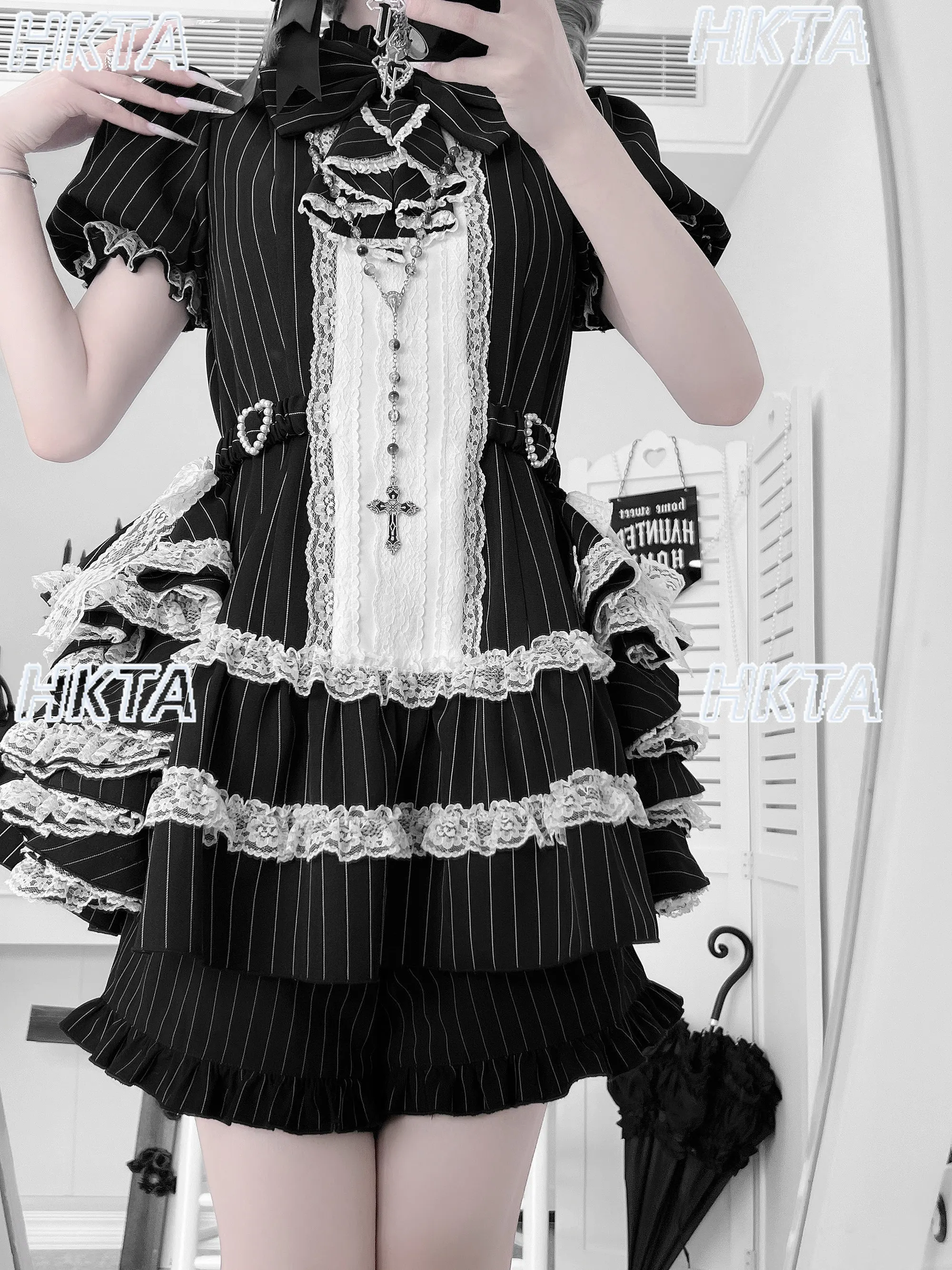 Japanese Goth Summer Sweet Lolita Bow Lace Bubble Short Sleeve High Waisted Ruffled Cake Mini Dress Shorts Two Pieces Sets Women