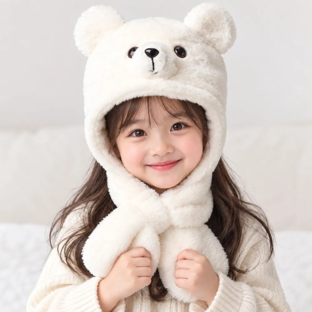 Gift Thickening Integrated Scarf Hat Windproof Fluffy Soft Winter Beanie Hat Warmth Cartoon Bear Earmuffs Hat School