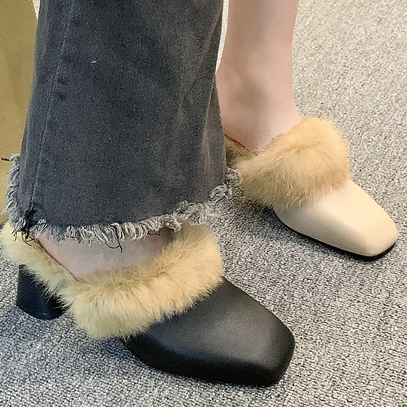 Winter Women Fur Shoes Elegant Fashion Closed Toe Mules 5cm High Heel Height Shoes Lady Sexy Chunky Soft Warm Slippers 35-39