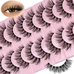10 Paar natürliche, flauschige falsche Wimpern, dünne Wimpern, 3D-Volumenstreifen-Wimpern, D-Locken, gefälschte Wimpern mit klarem Band