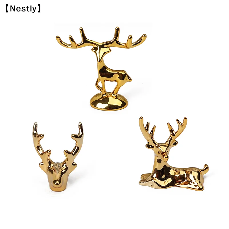 Elk Deer Statue Nordic Christmas Reindeer Art Figurine Vintage Golden Handicraft Home Ornament Table Decoration Gift〔Nest〕