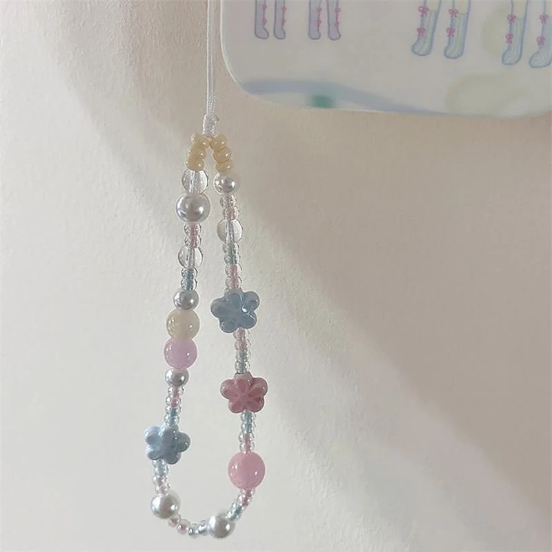 

Blue Pink Cherry Blossoms Beaded Trendy Mobile Phone Strap Charm Sweet Phone Chain Anti-Lost Lanyard Keychain Bag Pendants Gifts