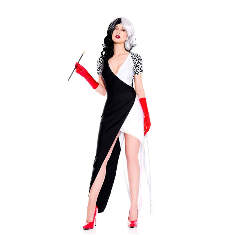 Cruella de Vil abito lungo nuovo arriva contrasto colore Clown Circus Horror Costume Halloween fantasmi Cosplay Fancy Dress Drop Ship