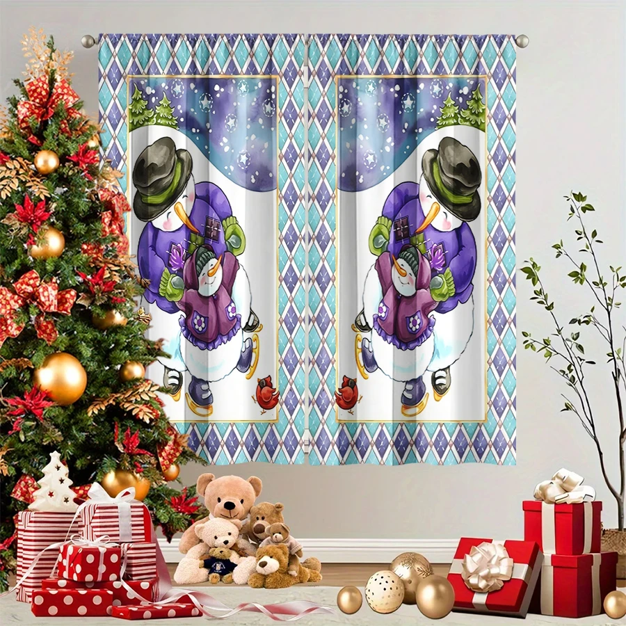 2PCS Christmas Winter Curtains, Snowman Ice Skate Family Robin Argyle Blue, Digital Print, Bedroom Living Room, Home Decor