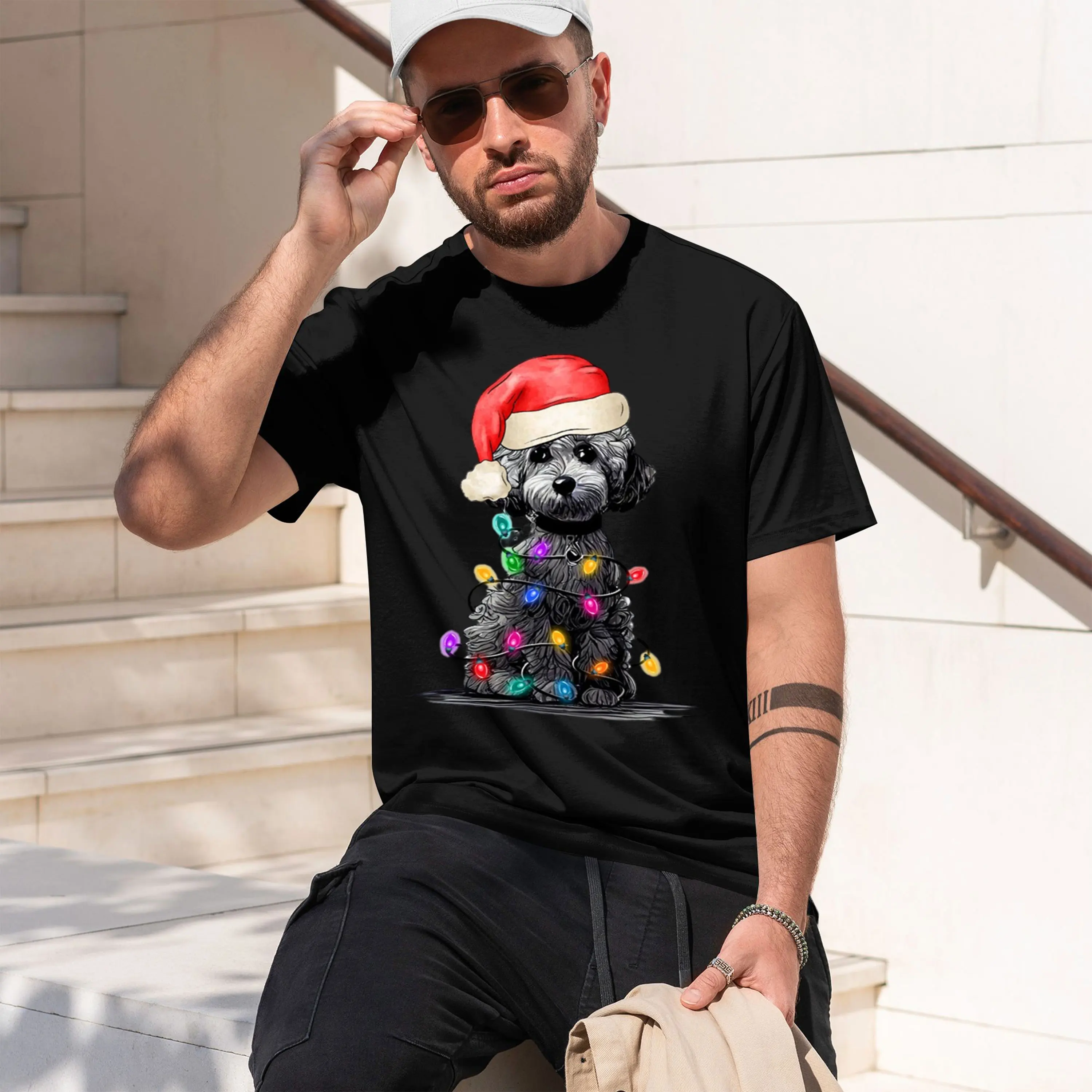 Festive Poodle in Hat Lights Wrapped Poodleristmas Curly g with LightsHoliday Decoration Womens clothing 2026 New Model Men’s Sh