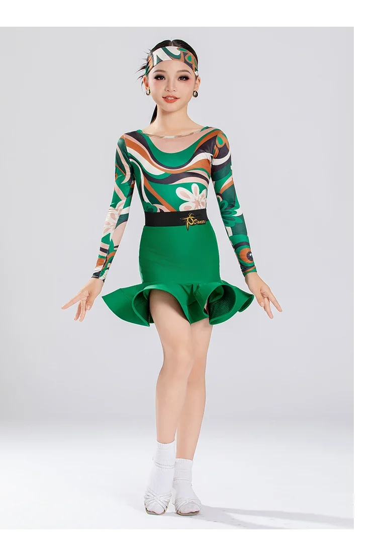 Long Sleeve Bodysuit Latin Dance Training Clothes Kids Girls Printed Professional Competition Performance Dresses Costume