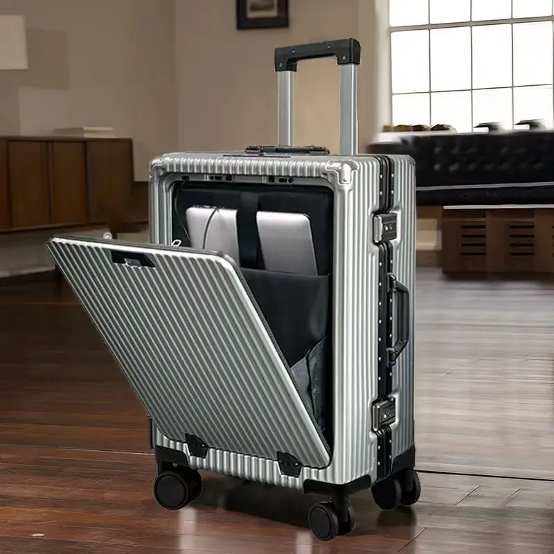 

New Front Opening Suitcase Laptop Bag Aluminum Frame Luggage with USB Port Password Trolley Case Travel Suitcases