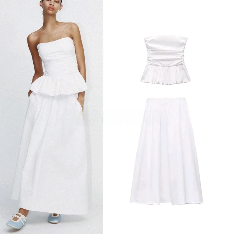 Conjunto de Moda Primavera para Mujer, Blusa de Gasa con Cuello Redondo y Manga Corta, Falda Midi y Plones Largos, Atuend...