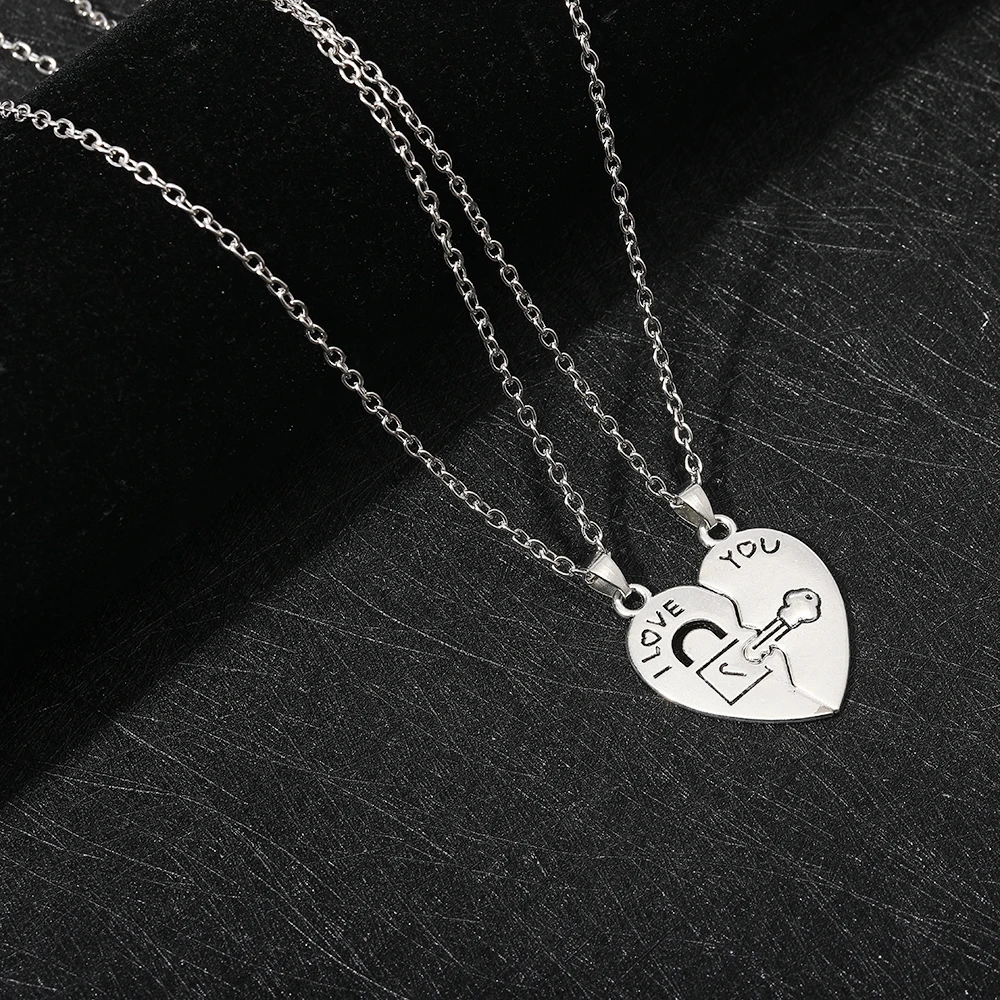 2 Pcs I Love You Heart Pendant Necklace Set Lock And Key Choker Chain For Couple Lovers Romantic Jewelry Valentine's Day Gift