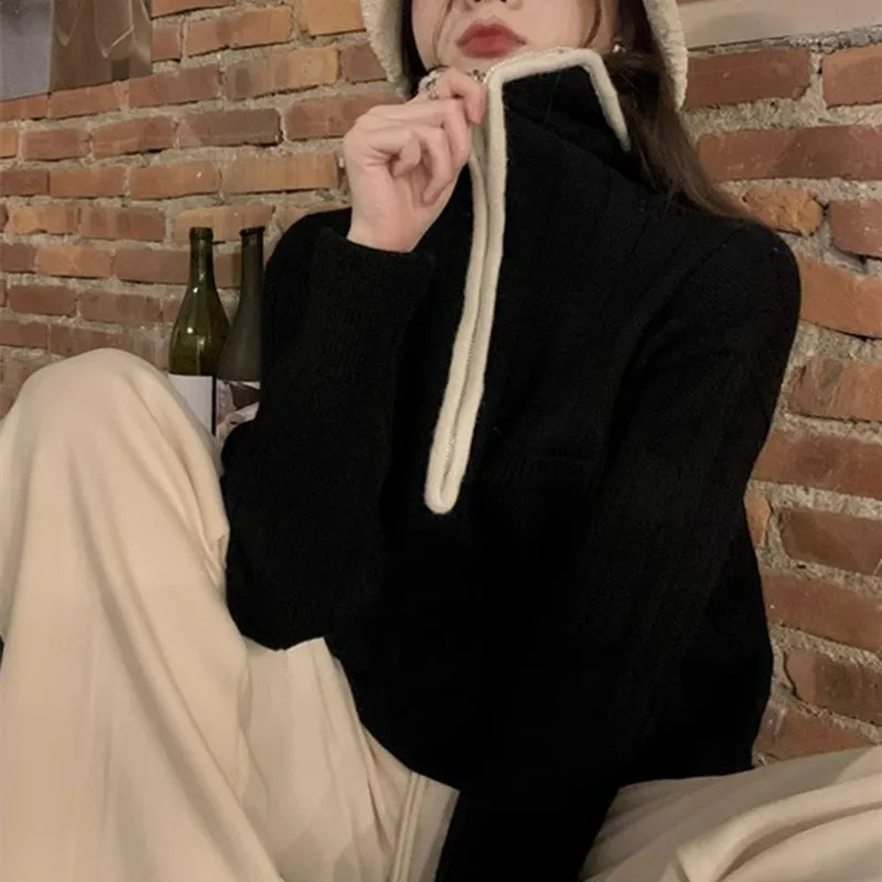 

2025 New High Neck Sweater Coat for Women, Spring, Autumn, Winter, Unique Design, Thickened, Lazy Style Knitted Top