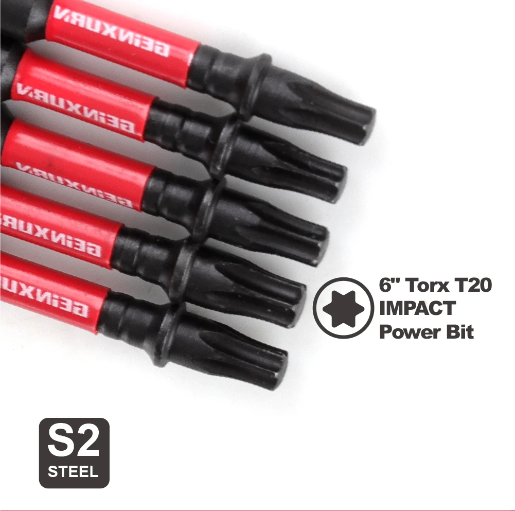 GEINXURN Impact Tough #20 Torx 6 in. Insert Driver Bits,Magnetic T20 Power Bits, S2 Alloy Steel T20 Screwdriver Bits Set Bulk