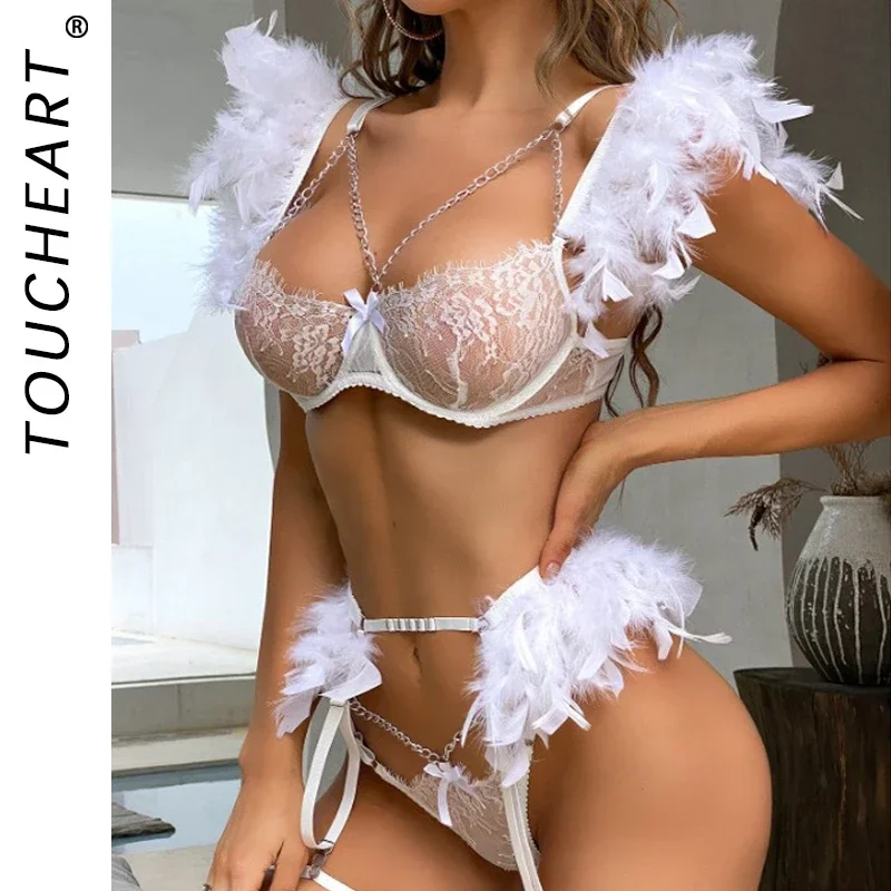 Toucheart Three-Point Fun Suit Lace Feather Exotic Sets Women Sexy Lingerie Garter Kit Chain Panty Perspective Underwear Set New