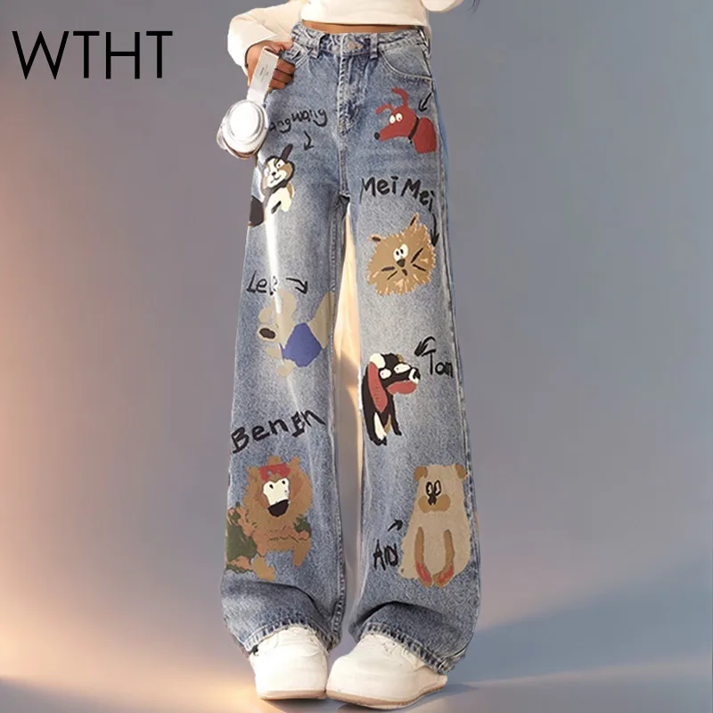 

WTHT Fashion Cartoon Print Design Straight Denim Pants For Women 2025 Summer High Waist Wide Leg Jeans Female Trendy 1LS1901