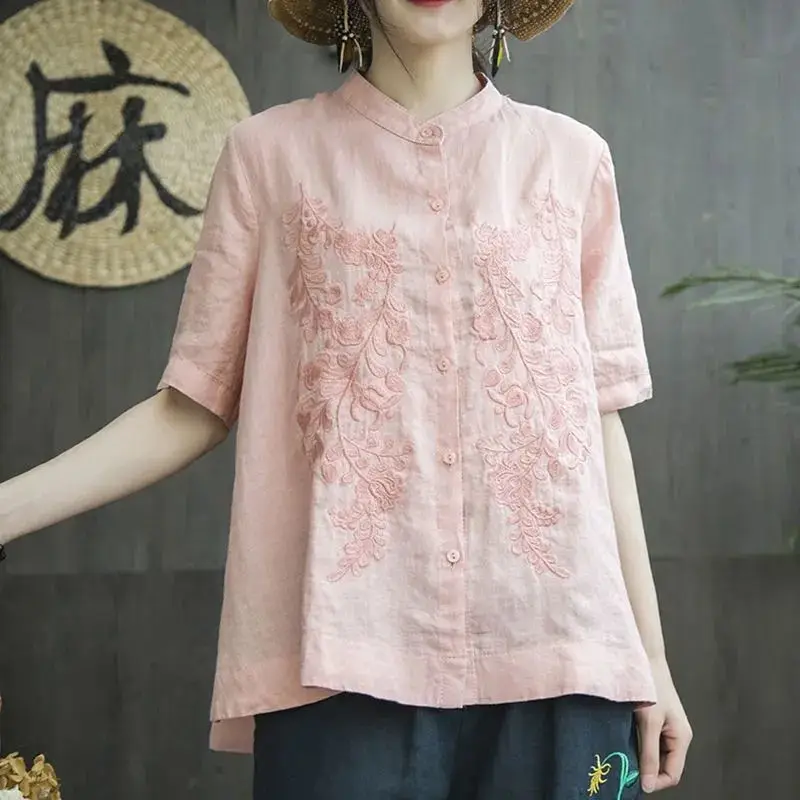 

Cotton Collar Embroidered Loose Short Sleeve Blouse For Women