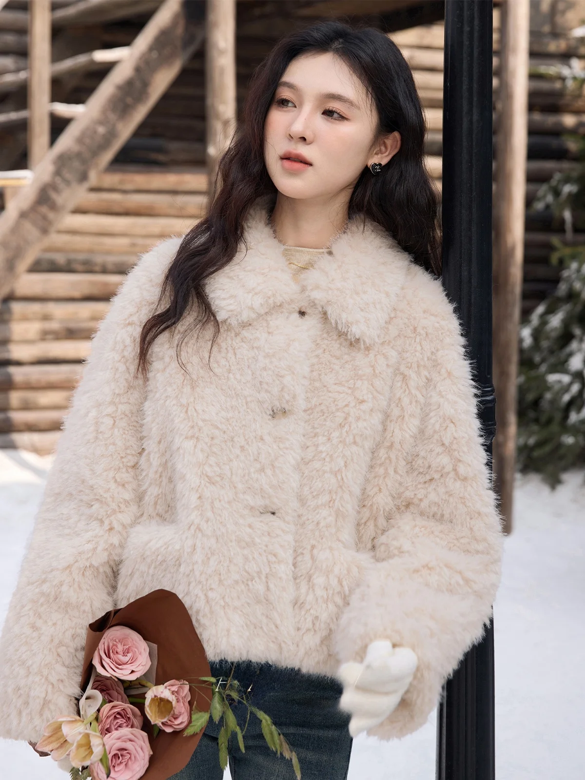 

Warm ort Lamb Fur Jaet Women's Oats Color Winter New Sle Commute Wind Loose Fit Button Detail Ladies Coat