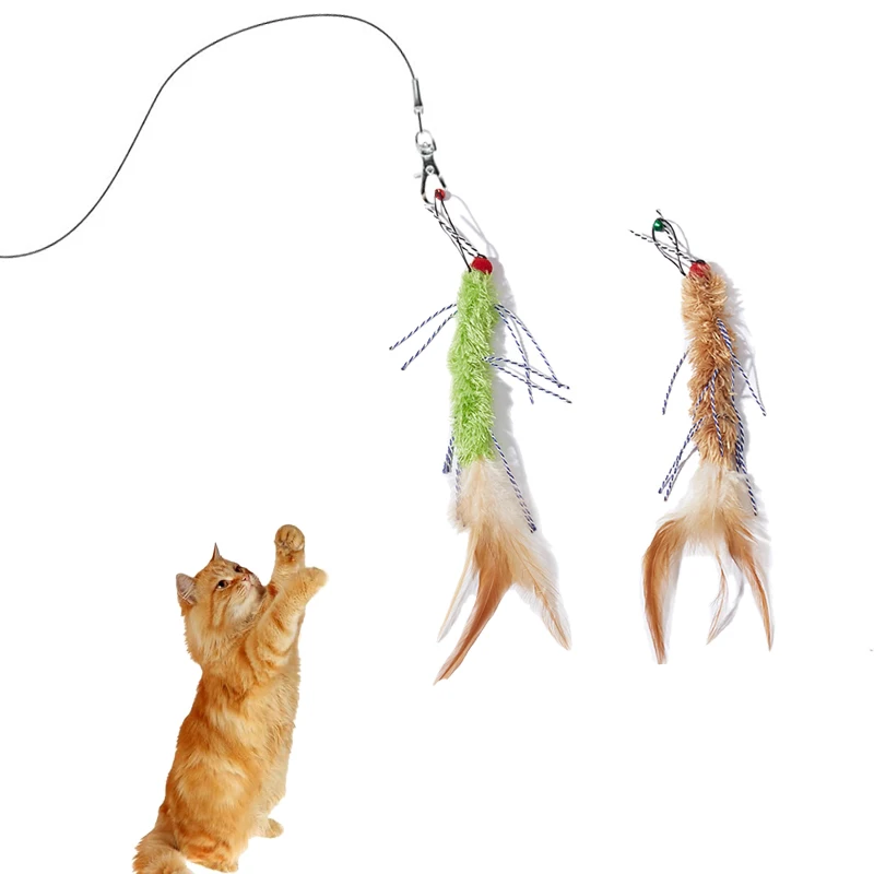 2PCS Teasing Cat Stick Replacement With Feather Cat Toy Fake Caterpillar Replacement Head Cat Teaser Stick Toys