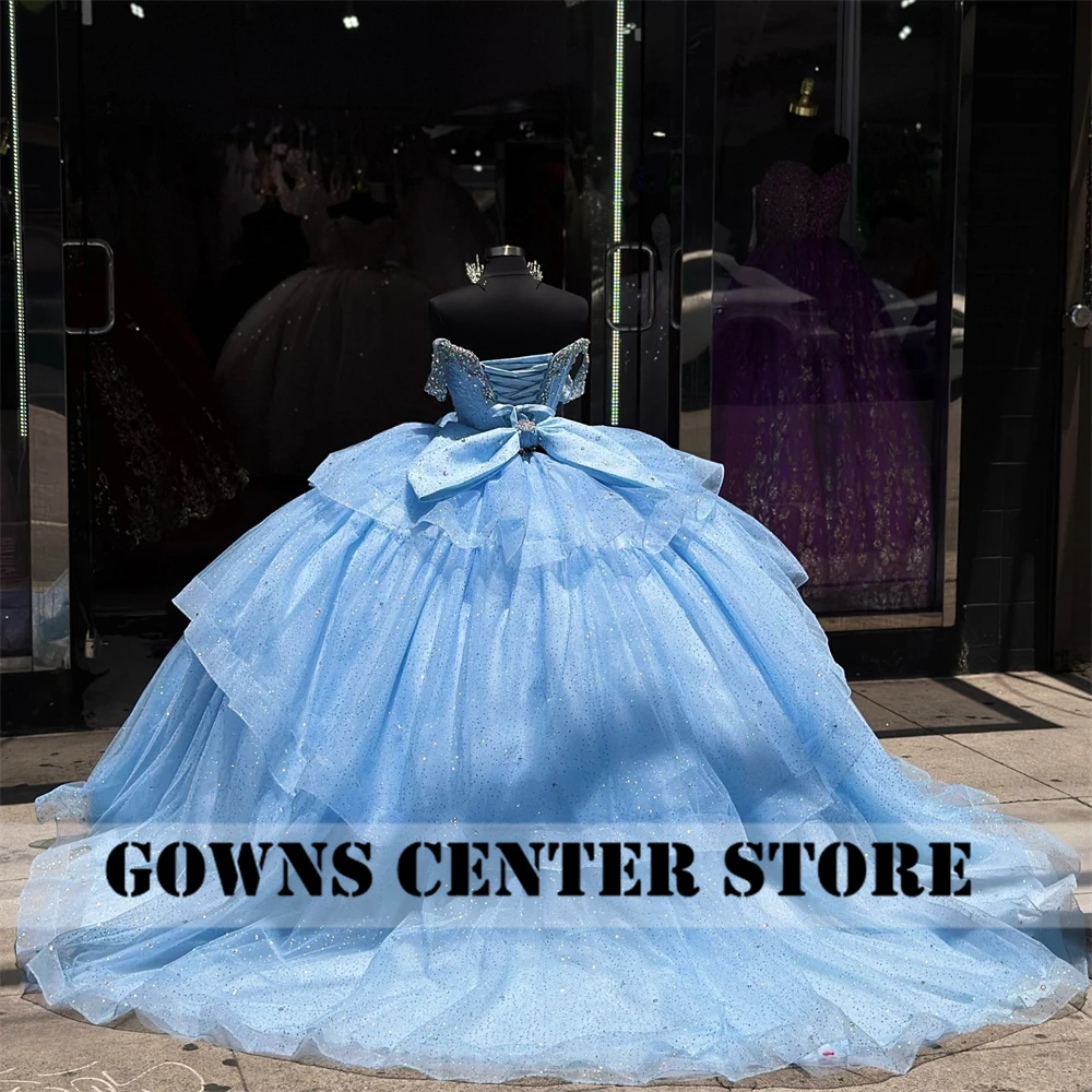 Ice Blue Ruffels Quinceanera Dresses Ball Gown Crystals Formal Prom Graduation Gowns Lace Up Sweet 16 Dress vestidos de 15 años