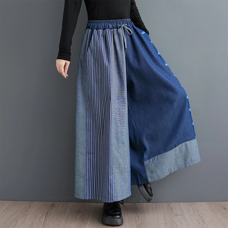 レトロ和風カジュアルパンツハイウエストワイドレッグジーンズ女性の弾性ウエスト巾着ルーズフィットズボン