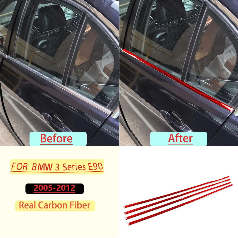 For BMW 3 Series E90 2005-2012 Car Window Strip Cove  Trim Red Real Soft Carbon Fiber Interior Accessories Decoration Stickers