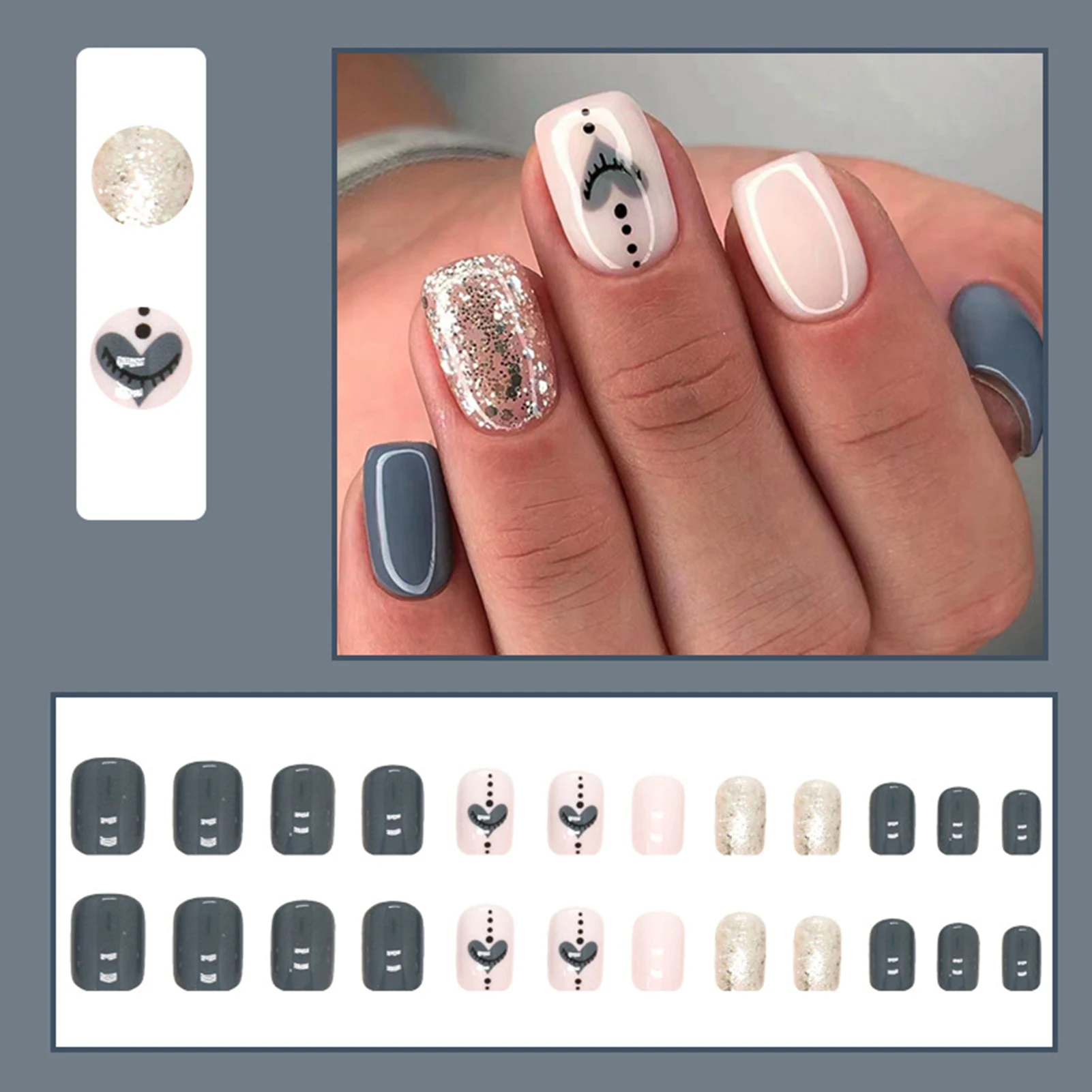24 Stück blaue künstliche Nägel mit Herz-Glitzer, zum Aufdrücken, künstliche tragbare Spitzen, künstliche Nägel, Nagelkunst, Maniküre, Nagelspitzen