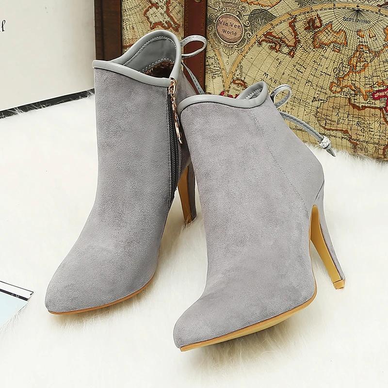 2023new autumn winter Women ankle boots plus size 22-27CM flock upper side zip modern boots high heel butterfly knot short boots