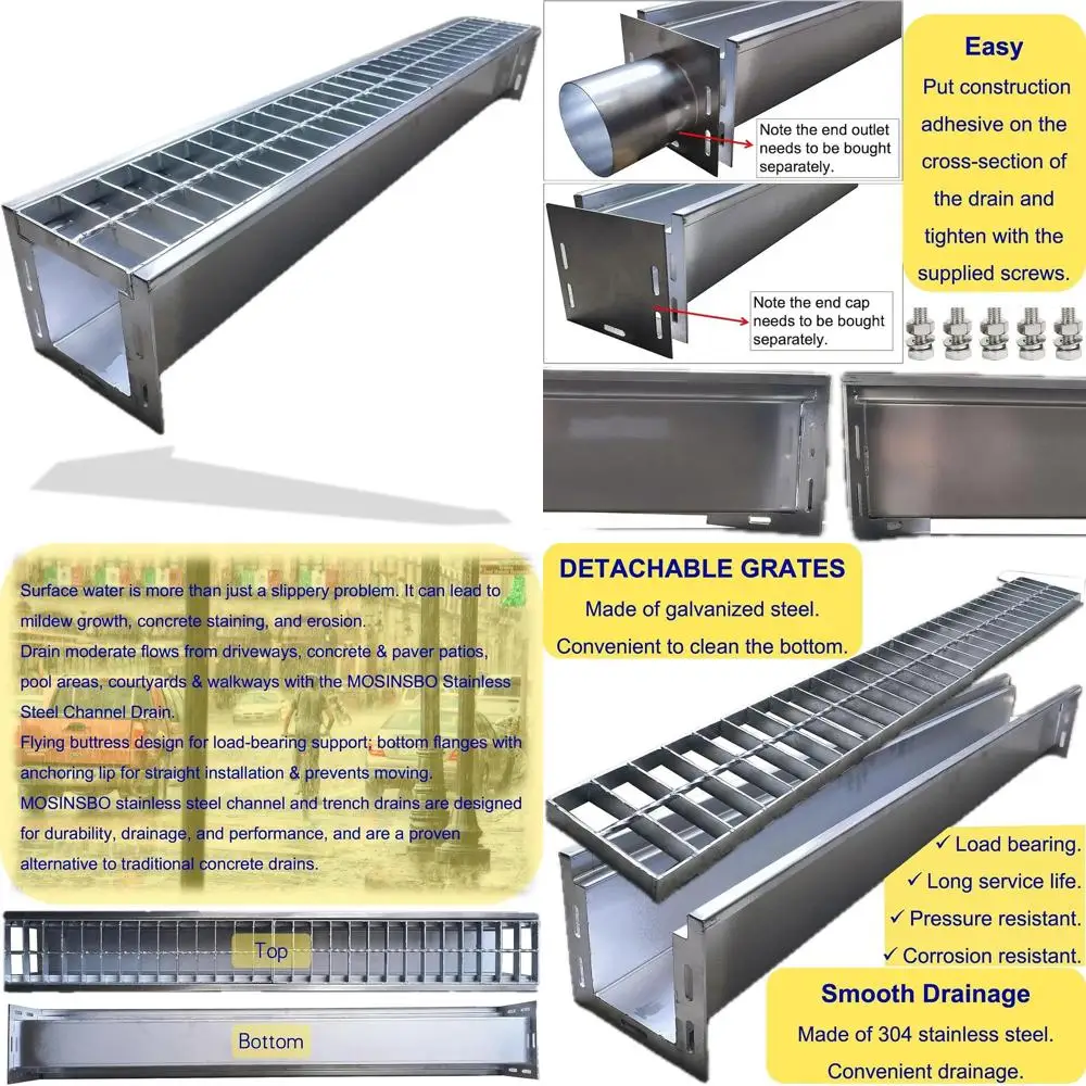 

Heavy-Duty 304 Stainless Steel Trench Drain, 39.4x5.9x5.5, Galvanized Grate, B125 Kit for 3 Pipe, Suitable for Outdoor, Driveway