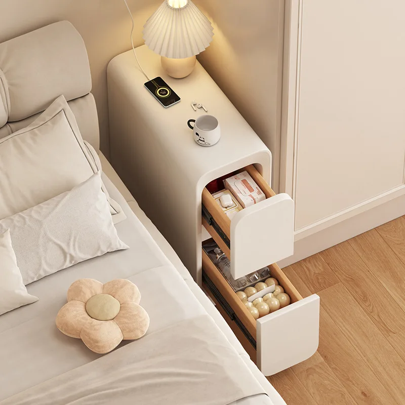 Solid Wood Bedside Table with 2 Drawers No-Leg Design Small Nightstand for Bedroom Minimalist Narrow