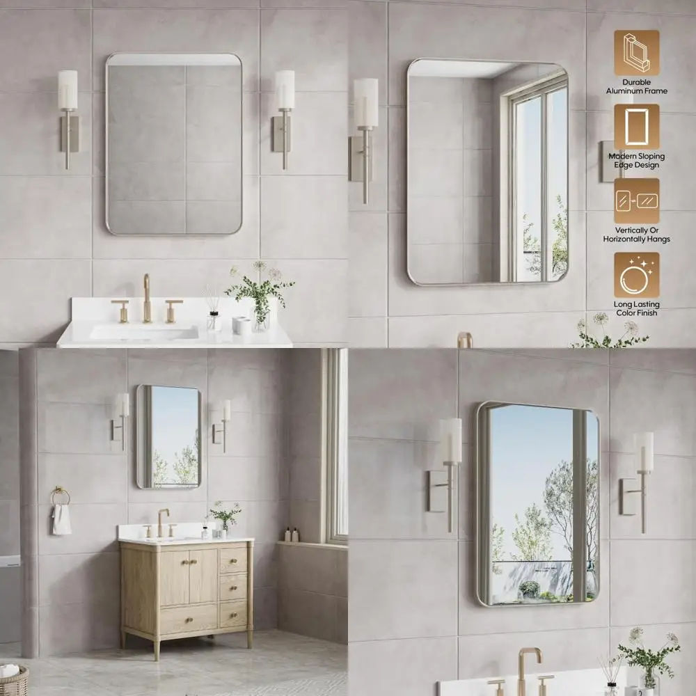 modern rectangular metal framed wall mirror for bathroom, 24x32 inches, horizontal or vertical mounting options