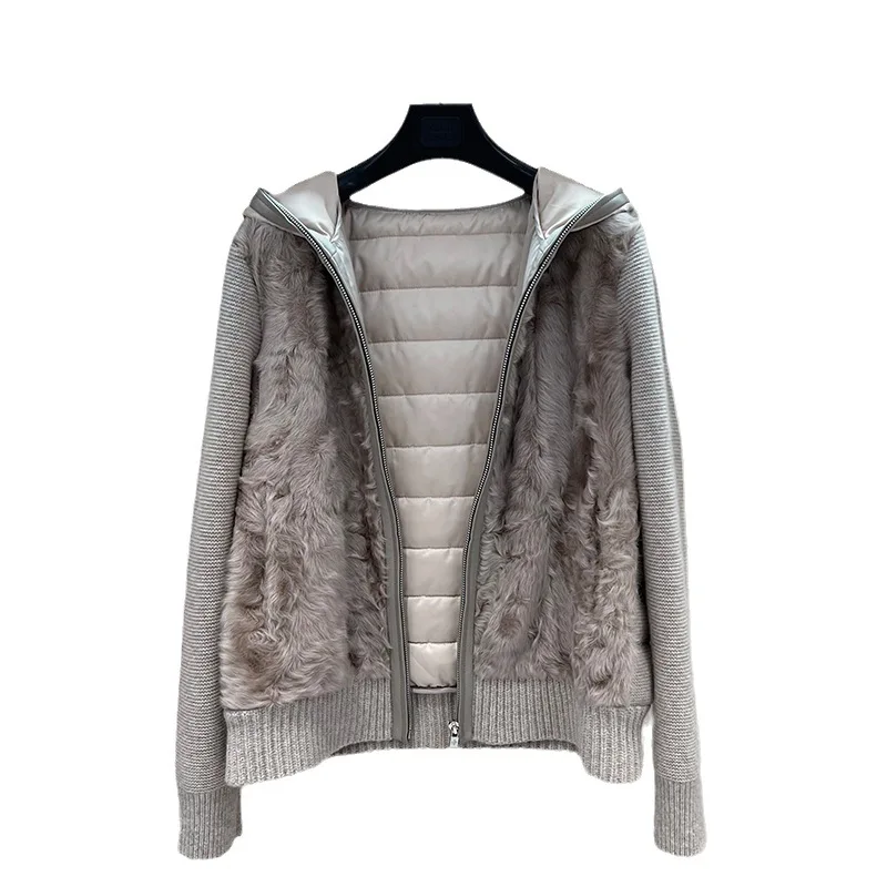 Fetal Wool Splicing Cashmere Wool Knitted Down Inner Lining Fur Integrated Hooded Fur Coat